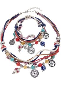 Schmuckset Lascana "Bettlerarmband und Halsketten Set", bunt (blau, rot, wei&szlig;, rot, wei&szlig;), Schmuck_Sets, Damen, Baumwolle, Metall, bunt, Schmuckset, Mit vielen kleinen Anh&auml;ngern