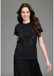 T-Shirt Laura Scott, Damen, Gr. 44/46, schwarz, Single Jersey, Obermaterial: 100% Baumwolle, bedruckt, figurumspielend h&uuml;ftlang, Rundhals, Shirts T-Shirt, mit Stickerei, schimmernde Optik, moderner Look