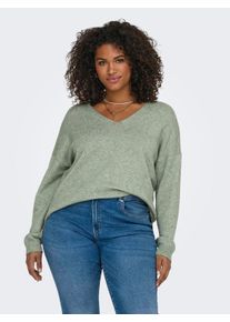 V-Ausschnitt-Pullover Only CARMAKOMA "CARMARGARETA LS PULLOVER KNT NOOS", Damen, Gr. XL, gr&uuml;n (basil detail:melange), Strick, Obermaterial: 50% Viskose, 27% Nylon, 23% Polyester, meliert, normal normal, V-Ausschnitt, Rippstrickb&uuml;ndchen, Pullover V-Ausschnitt-Pullover, Viskosemischung, regular fit