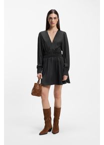 Satinkleid BOSS Orange "Deply Premium Damenmode", Damen, Gr. 44, N-Gr, open grau 067, Satin, Obermaterial: 100% Polyester, unifarben, tailliert Midi, V-Ausschnitt, Manschette mit Schlitz, Kleider Satinkleid, in Crinkle-Optik, Midi-L&auml;nge