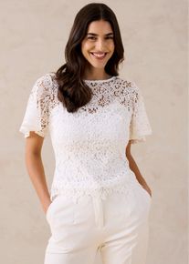 bonprix Spitzenshirt, wei&szlig;, Gr.46, Shirt aus hochwertiger Spitze mit Volant-&Auml;rmel und herzf&ouml;rmigem Futter-Ausschnitt