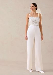 bonprix Overall aus strukturiertem Crepe mit Perlenstickerei, wei&szlig;, Gr.38, Modern und sexy: Overall aus strukturiertem Crepe mit Bustier-Ausschnitt und Perlenstickerei im Oberteil