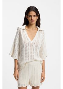 Ajourpullover BOSS Orange "Fordeaux Premium Damenmode", Damen, Gr. XS, open wei&szlig; 118, Strick, Obermaterial: 75% Baumwolle, 25% Polyamid, unifarben, relaxed fit h&uuml;ftbedeckend, V-Ausschnitt, gewellter Abschluss, Pullover Ajourpullover, aus Baumwoll-Mix, Johnny-Kragen, Relaxed Fit