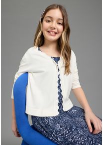 Strickjacke Kidsworld "Strickjacke mit sch&ouml;ner Wellkante, aus weicher Viskosemischung", M&auml;dchen, Gr. 92/98, wei&szlig;, Feinstrick, Obermaterial: 70% Viskose, 30% Polyamid, unifarben, festlich, Basic h&uuml;ftlang, V-Ausschnitt, Flachstrickb&uuml;ndchen, Strickjacken Strickjacke, 1-Knopf-Form, Langarm, aus Feinstrick, Topseller
