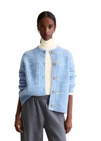 Marc O'Polo Cardigan MARC O'POLO DENIM, Damen, Gr. L, blau dusk, Strick, Obermaterial: 55% Wolle, 45% Polyester, regular fit normal, Rundhals, Rippb&uuml;ndchen, Strickjacken Cardigan, cropped aus weichem Wolle-Mix