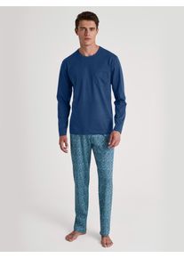 Schlafanzug Calida "Relax Imprint 2", Damen, Gr. M (50), blau (pottery blau), Single Jersey, Obermaterial: 100% Baumwolle, relaxed fit lang, Rundhals, Homewear-Sets Schlafanzug, Langarm-Shirt & Hose mit geradem Bein