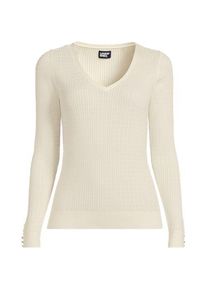 LANDS' END Feinstrick-Zopfmusterpullover mit V-Ausschnitt, Damen,  Wei&szlig;, Baumwolle, by Lands' End