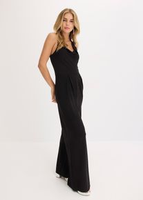 bonprix Jumpsuit mit Wasserfallausschnitt, schwarz, Gr.44/46 (L), Stylischer Jumpsuit mit toller Passform und dekorativem Accessoire hinten