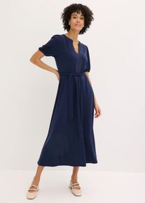 bonprix Midikleid aus Viskose-Pikee mit Satinbesatz, blau, Gr.36/38 (S), schwingendes Midikleid aus Viskose-Pikee mit Bindeg&uuml;rtel