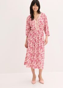 bonprix Jerseykleid mit Spitze, pink, Gr.40/42 (M), sommerlich bedrucktes Midikleid mit dekorativer Spitze vorne am Ausschnitt