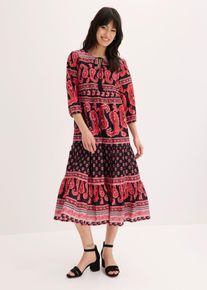 bonprix Midikleid aus reiner Baumwolle, schwarz, Gr.42, Sch&ouml;nes Tunika-Kleid mit Bindeb&auml;ndern und Volants, aus 100% Baumwolle