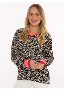 Blusenshirt Zwillingsherz "Leo", Damen, Gr. S/M, pink, Jersey, Obermaterial: 95% Viskose, 5% Elasthan, gemustert, mehrfarbig, bequem Po-bedeckend, V-Ausschnitt, angesetztes B&uuml;ndchen kontrastfarben, Shirts Blusenshirt, Leichtes Material, gestreifte B&uuml;ndchen, Leomuster, V-Neck