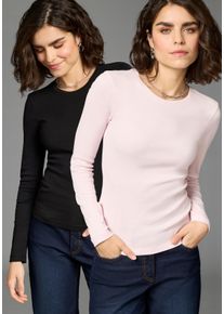 Longsleeve Flashlights, Damen, Gr. 36/38, schwarz, rose, Rippware, Obermaterial: 100% Baumwolle, unifarben, Basic, figurbetont h&uuml;ftlang, Rundhals, abgesteppt, Shirts Longsleeve, Rundhalsausschnitt, verk&uuml;rzte L&auml;nge, weiche Rippqualit&auml;t, Sparset