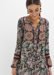 Tunikakleid bonprix, Damen, Gr. 44, K-Gr, schwarz bedruckt (l&auml;nge: kurz), Web, Obermaterial: 100% Viskose, Paisley, bedruckt, A-Linie knieumspielend, V-Ausschnitt, mit Gummizug, Kleider Tunikakleid, f&uuml;r Festivals, aus Viskose, A-Linien-Passform, Kurzgr&ouml;&szlig;e, Topseller