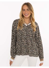 Blusenshirt Zwillingsherz "Leo", Damen, Gr. S/M, wei&szlig;, Jersey, Obermaterial: 95% Viskose, 5% Elasthan, gemustert, mehrfarbig, bequem Po-bedeckend, V-Ausschnitt, angesetztes B&uuml;ndchen kontrastfarben, Shirts Blusenshirt, Leichtes Material, gestreifte B&uuml;ndchen, Leomuster, V-Neck