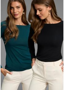 Longsleeve Laura Scott, Damen, Gr. 36/38, petrol, schwarz, Single Jersey, Obermaterial: 95% Baumwolle, 5% Elasthan, clean, unifarben, Basic, Basic h&uuml;ftbedeckend, U-Boot-Ausschnitt, Shirts Longsleeve, Basic-Stil und Passform, mit U-Boot-Ausschnitt, Topseller
