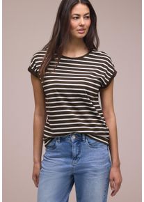 T-Shirt Street One, Damen, Gr. 36, espresso braun, Jersey, Obermaterial: 50% Baumwolle, 50% Modal, gestreift, regular fit normal, Rundhals, Shirts T-Shirt, mit Streifen Muster