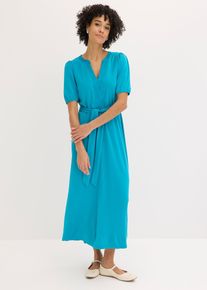 bonprix Midikleid aus Viskose-Pikee mit Satinbesatz, blau, Gr.36/38 (S), schwingendes Midikleid aus Viskose-Pikee mit Bindeg&uuml;rtel
