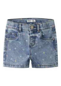Jeansshorts name it "NMFSALLI SLIM DNM SHORTS 3555-ON NOOS", Jungen, Gr. 104, N-Gr, medium blau denim detail:flower, Denim/Jeans, Obermaterial: 74% Baumwolle, 24% Polyester, 1% Elasthan, 1% Viskose, Abriebeffekte, gebl&uuml;mt, slim fit kurz, Jeans Jeansshorts, Denim Baumwollmischung, leichte Used Effekte, Allover Druck