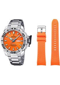 Taucheruhr Festina "The Originals/Diver", silber (silberfarben, orange), Armbanduhren, Damen, Taucheruhr, Armbanduhr, Quarzuhr, Herrenuhr, Geschenkidee, Edelstahlarmband