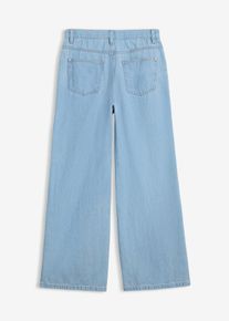 bonprix Wide-Leg-Jeans Mid Waist, blau, Gr.134, L&auml;ssige Wide-Leg-Jeans in weiter, langer Passform mit angesagtem Used-Wash Effekt und Blumenstickerei, 100% Baumwolle
