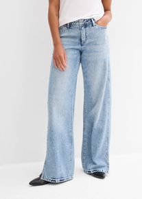 bonprix Wide-Leg-Jeans Mid Waist Low Stretch, blau, Gr.46, Straight-Jeans Mid Waist mit Nieten an der Seitennaht, 100% Baumwolle