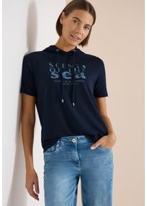 Kapuzenshirt Cecil, Damen, Gr. M (40), universal blau, Jersey, Obermaterial: 48% Baumwolle, 48% Modal, 4% Elasthan, bedruckt, regular fit normal, ohne Ausschnitt, Shirts Kapuzenshirt, mit Schriftzug
