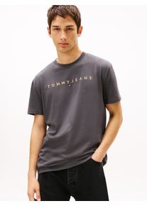 T-Shirt Tommy Jeans "TJM REG LINEAR LOGO TEE EXT", Damen, Gr. M, schwarz (washed schwarz), Single Jersey, Obermaterial: 100% Baumwolle, bestickt, unifarben, regular fit normal, Rundhals, abgesteppte Kante, Shirts T-Shirt, Rundhals, Regular Fit