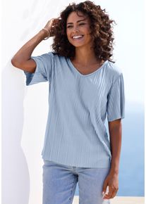 Plisseeshirt Lascana, Damen, Gr. 44/46, himmelblau, Jersey, Obermaterial: 65% Polyester, 35% Viskose, unifarben, l&auml;ssig geschnitten normal, V-Ausschnitt, offene Kante, Shirts Plisseeshirt, Angenehme Viskose-Mischqualit&auml;t