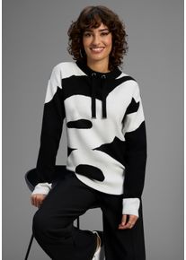 Jacquardpullover Laura Scott, Damen, Gr. 40/42, schwarz-wei&szlig; (schwarz, sanftes wei&szlig;, gemustert), Feinstrick, Obermaterial: 50% Viskose, 26% Polyamid, 24% Polyester, gemustert, figurumspielend h&uuml;ftbedeckend, Rundhals, Pullover Jacquardpullover, kuscheliger Winterstrick mit Muster und Bindeb&auml;ndern - NEUE KOLLEKTION