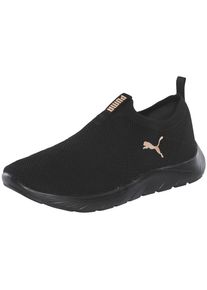 Slip-On Sneaker Puma "SOFTRIDE REMI SLIP-ON KNIT WNS", Damen, Gr. 37, Puma schwarz, Puma gold, Textil, Schuhe Slip-On Sneaker, mit SOFTFOAM+ D&auml;mpfung, leicht profilierte Synthetiklaufsohle