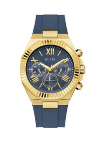 Multifunktionsuhr Guess "EQUITY", blau, goldfarben, Armbanduhren, Damen, Multifunktionsuhr, Quarzuhr, Armbanduhr, Herrenuhr, Silikonarmband, analog, Wochentag