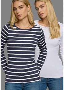 Langarmshirt Flashlights, Damen, Gr. 32/34 (XS), blau (marine, wei&szlig;, gestreift, wei&szlig;), Feinripp, Obermaterial: 100% Baumwolle, gestreift, unifarben, Basic, sehr figurbetont h&uuml;ftlang, Rundhals, Shirts Langarmshirt, Langarm, sehr figurbetonter Schnitt, aus 100% Baumwolle, Topseller