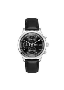 Chronograph BOSS "STRATUS", schwarz, silberfarben, Armbanduhren, Damen, Chronograph, Quarzuhr, Armbanduhr, Herrenuhr, Lederarmband, analog, Tag