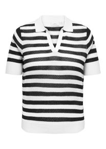 Polokragenpullover Only CARMAKOMA "CARDIANA SS POLO PULLOVER KNT", Damen, Gr. XL, cloud dancer stripes:schwarz, Strick, Obermaterial: 50% Baumwolle, 50% Polyacryl, gestreift, normal, V-Ausschnitt, Pullover Polokragenpullover