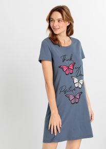 Nachthemd bonprix, Damen, Gr. 56/58 (XXXL), N-Gr, rauchblau bedruckt, Jersey, Obermaterial: 100% Baumwolle, bedruckt, unifarben, Basic, Basic ca. Mitte Oberschenkel, Rundhals, Kleider Nachthemd, aus reiner Baumwolle, mit kurzem Arm, Frontdruck