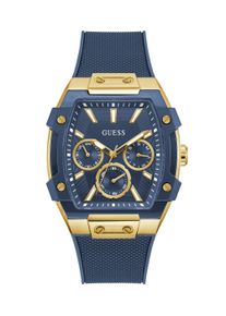 Multifunktionsuhr Guess "PHOENIX", blau, goldfarben, Armbanduhren, Damen, Multifunktionsuhr, Quarzuhr, Armbanduhr, Herrenuhr, Silikonarmband, analog, Wochentag