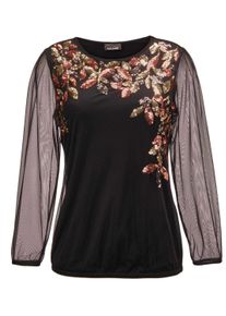 Longpullover GOLDNER "Kurzgr&ouml;&szlig;e Glanzshirt mit Paillettenstickerei", Damen, Gr. 19, schwarz (schwarz, kupferfarben, gold, gemustert), Obermaterial: 100% Polyester PES., festlich, figurumspielend, weit Gummib&uuml;ndchen, Pullover Longpullover, Aufwendig mit Pailletten bestickt