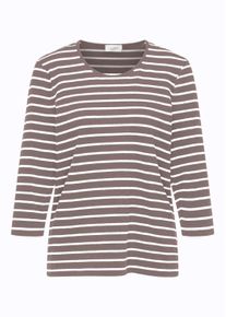 3/4-Arm-Shirt GOLDNER "Jerseyshirt mit Rundhals", Damen, Gr. 42, beige (taupe, wei&szlig;, geringelt), Obermaterial: 95% Baumwolle CO. 5% Elasthan EL., normal, Tubular, Shirts 3/4-Arm-Shirt, Garngef&auml;rbte und dadurch farbbest&auml;ndige Ringel