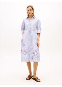 Hemdblusenkleid Tommy Hilfiger "EMBROIDERED POPLIN SHIRT DRESS", Damen, Gr. XS (34), N-Gr, misty lazuli blau stripe, Jersey, Obermaterial: 100% Baumwolle, gestreift, A-Linie, Kleider Hemdblusenkleid, mit Spaghetti-Tr&auml;gern zum Binden