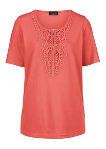 Kurzarmshirt GOLDNER "Kurzgr&ouml;&szlig;e Elegantes Jerseyshirt mit Rundhals", Damen, Gr. 25, orange (koralle), Obermaterial: 92% Baumwolle CO. 8% Elasthan EL., Tubular, Shirts Kurzarmshirt, Effektvolle H&auml;kelspitze