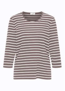 3/4-Arm-Shirt GOLDNER "Kurzgr&ouml;&szlig;e Jerseyshirt mit Rundhals", Damen, Gr. 25, beige (taupe, wei&szlig;, geringelt), Obermaterial: 95% Baumwolle CO. 5% Elasthan EL., normal, Tubular, Shirts 3/4-Arm-Shirt, Garngef&auml;rbte und dadurch farbbest&auml;ndige Ringel