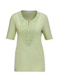 Kurzarmshirt GOLDNER "Kurzgr&ouml;&szlig;e Elegantes Jerseyshirt mit Rundhals", Damen, Gr. 23, gr&uuml;n (lindgr&uuml;n), Obermaterial: 92% Baumwolle CO. 8% Elasthan EL., Tubular, Shirts Kurzarmshirt, Effektvolle H&auml;kelspitze