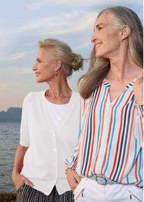 Strickjacke GOLDNER "Damen Cardigan in Pink, Halbarm", Herren, Gr. 54, wei&szlig;, Obermaterial: 57% Polyacryl PAN. 26% Polyester PES. 17% Baumwolle CO., gerade, V-Ausschnitt, Raglan&auml;rmel Rippe, Strickjacken Strickjacke, Tonale Kn&ouml;pfe