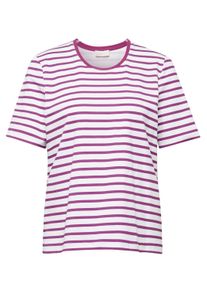 Kurzarmshirt GOLDNER "Jerseyshirt im Streifen-Look", Damen, Gr. 54, wei&szlig; (wei&szlig;, lila, geringelt), Obermaterial: 95% Baumwolle CO. 5% Elasthan EL., figurumspielend, normales B&uuml;ndchen, Shirts Kurzarmshirt, Ohne
