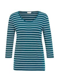 3/4-Arm-Shirt GOLDNER "Kurzgr&ouml;&szlig;e Jerseyshirt mit Rundhals", Damen, Gr. 23, gr&uuml;n (dunkelpetrol, wei&szlig;, geringelt), Obermaterial: 95% Baumwolle CO. 5% Elasthan EL., normal, Tubular, Shirts 3/4-Arm-Shirt, Garngef&auml;rbte und dadurch farbbest&auml;ndige Ringel