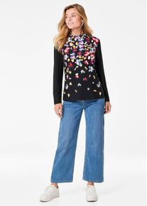 Print-Shirt GOLDNER "Kurzgr&ouml;&szlig;e Druckshirt mit anschmiegsamem Stehkragen", Damen, Gr. 25, schwarz (schwarz, dunkelrot, gebl&uuml;mt), Obermaterial: 95% Viskose CV. 5% Elasthan EL., Tubular, Shirts Print-Shirt, Sch&ouml;ner, floraler Frontprint