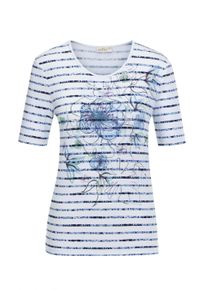 Print-Shirt GOLDNER "Streifenshirt mit Blumenmuster", Damen, Gr. 52, blau (rauchblau, geringelt), Obermaterial: 95% Viskose CV. 5% Elasthan EL., normal, Rundhals, Sonstiges, Shirts Print-Shirt, Ohne