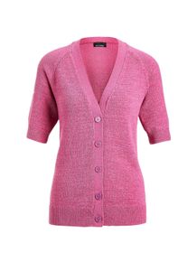 Strickjacke GOLDNER "Kurzgr&ouml;&szlig;e Damen Cardigan in Pink, Halbarm", Herren, Gr. 23, pink, Obermaterial: 57% Polyacryl PAN. 26% Polyester PES. 17% Baumwolle CO., gerade, V-Ausschnitt, Raglan&auml;rmel Rippe, Strickjacken Strickjacke, Tonale Kn&ouml;pfe