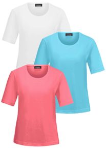 Kurzarmshirt GOLDNER "Kurzgr&ouml;&szlig;e Jerseyshirt mit Rundhals", Damen, Gr. 19, wei&szlig; (wei&szlig;, eisblau, dahlie), Obermaterial: 95% Baumwolle CO. 5% Elasthan EL., gerade, elastischer Saum, Shirts Kurzarmshirt, keine/nicht relevant